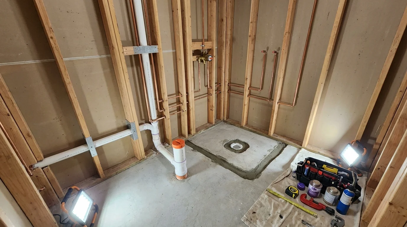 Bathroom rough-in plumbing during remodel by Johns Plumbing LLC in Richboro