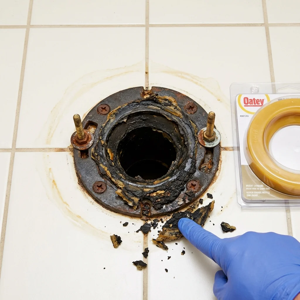 Failed wax ring showing water seepage at the base of a toilet in a Richboro, PA home