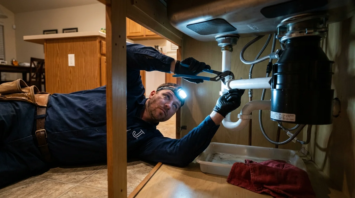 P-trap and supply line connections under a kitchen sink showing a common leak point in Richboro, PA